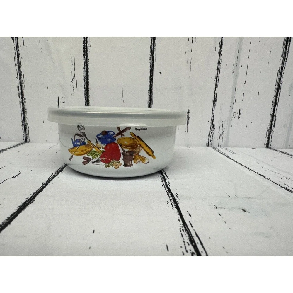 Vintage Enamelware Bowl With Lid  Happy Kitchen Utensils Tomato 4 Inches